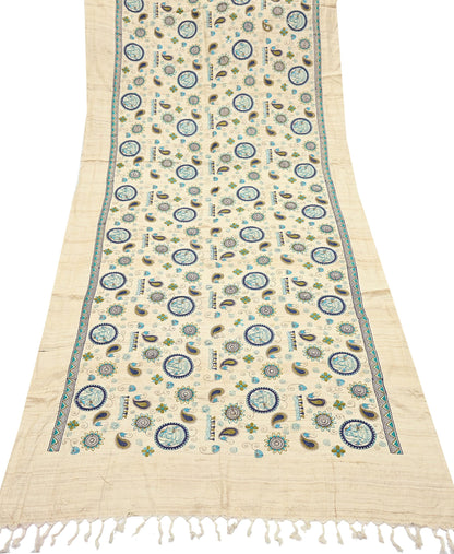 Indian Vintage Beige Dupatta Pure Khadi silk Long Stole Hand Embroidered Scarves Floral Design Stole Veil Wrap