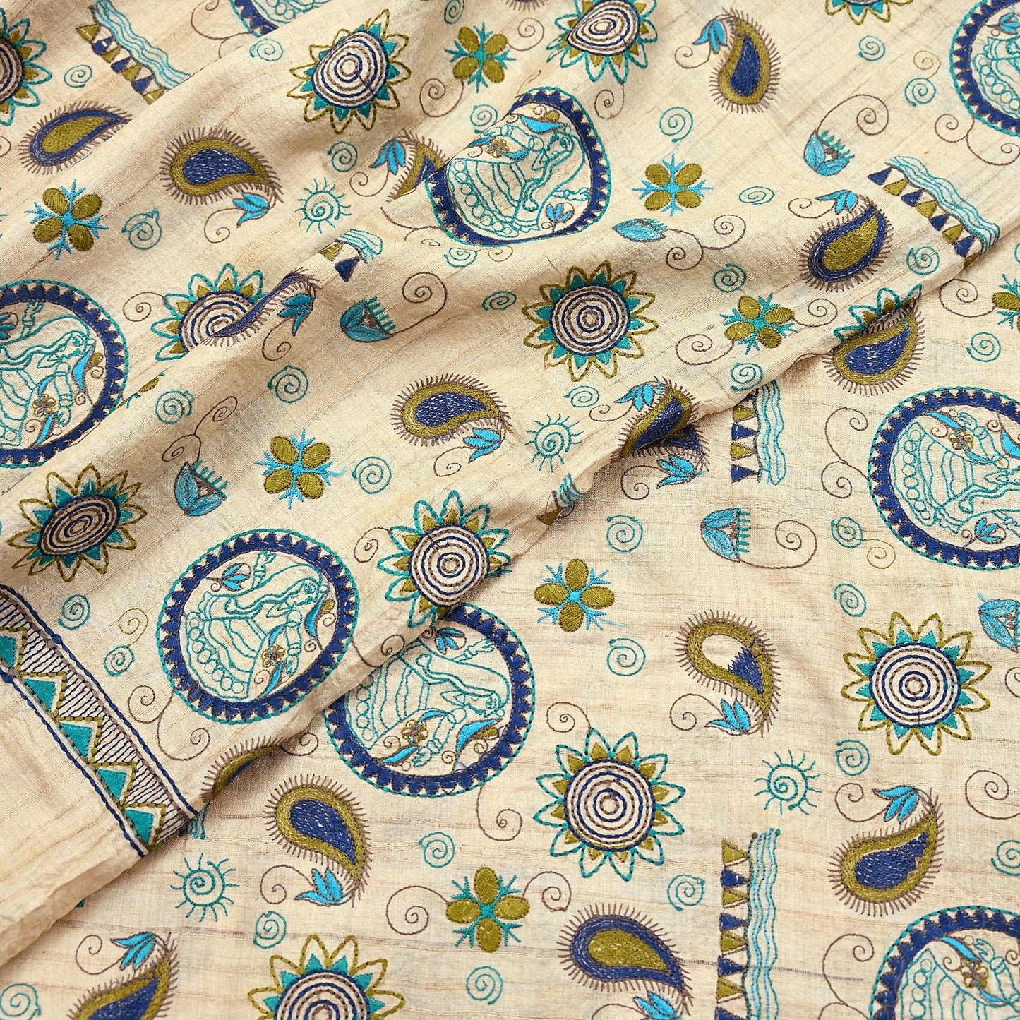 Indian Vintage Beige Dupatta Pure Khadi silk Long Stole Hand Embroidered Scarves Floral Design Stole Veil Wrap