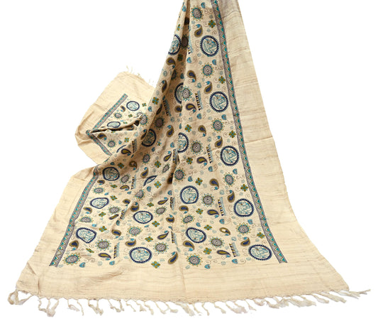 Indian Vintage Beige Dupatta Pure Khadi silk Long Stole Hand Embroidered Scarves Floral Design Stole Veil Wrap