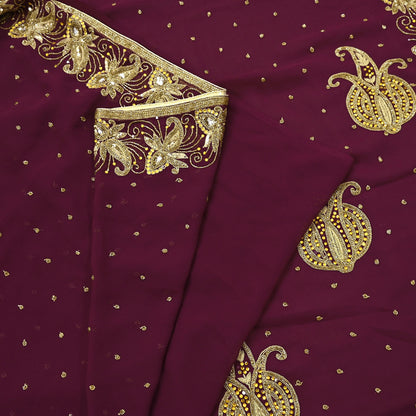 Indian Vintage Maroon Saree Georgette Hand Beaded Sari Fabric 5Yard Sewing Soft Ethnic Glass Beaded
