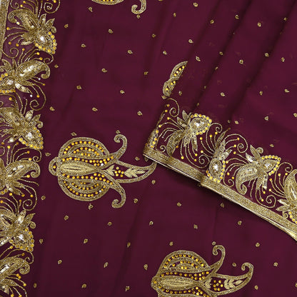 Indian Vintage Maroon Saree Georgette Hand Beaded Sari Fabric 5Yard Sewing Soft Ethnic Glass Beaded