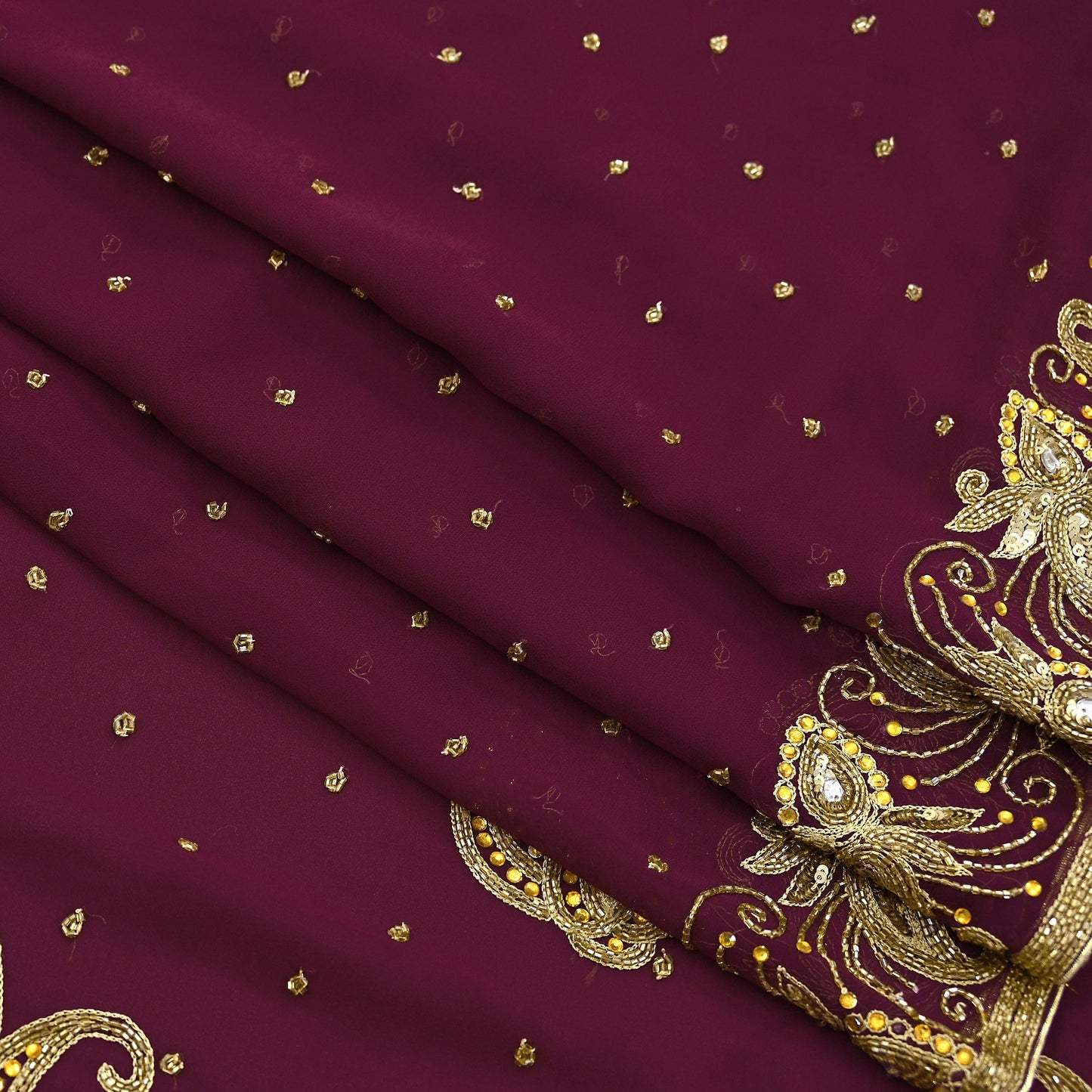 Indian Vintage Maroon Saree Georgette Hand Beaded Sari Fabric 5Yard Sewing Soft Ethnic Glass Beaded