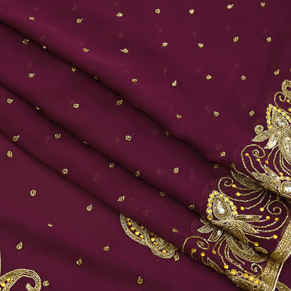 Indian Vintage Maroon Saree Georgette Hand Beaded Sari Fabric 5Yard Sewing Soft Ethnic Glass Beaded