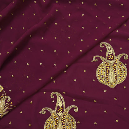 Indian Vintage Maroon Saree Georgette Hand Beaded Sari Fabric 5Yard Sewing Soft Ethnic Glass Beaded