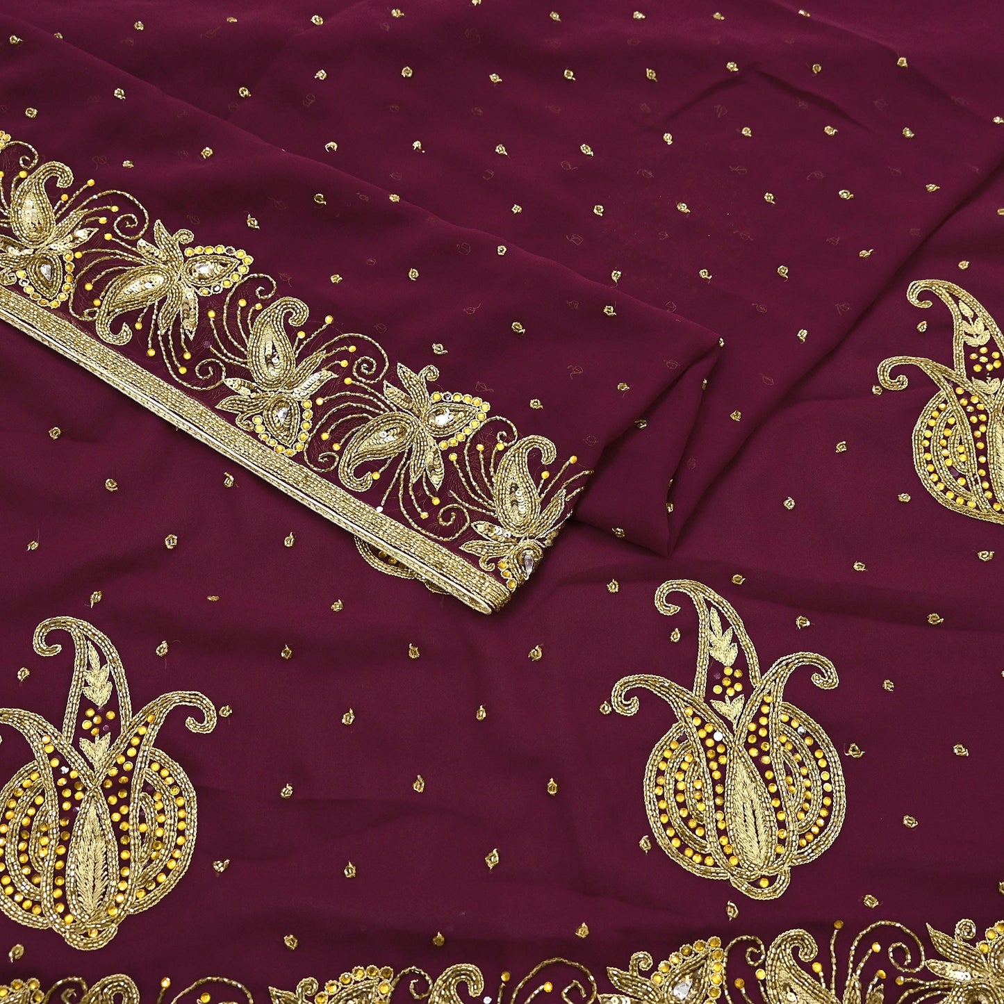 Indian Vintage Maroon Saree Georgette Hand Beaded Sari Fabric 5Yard Sewing Soft Ethnic Glass Beaded