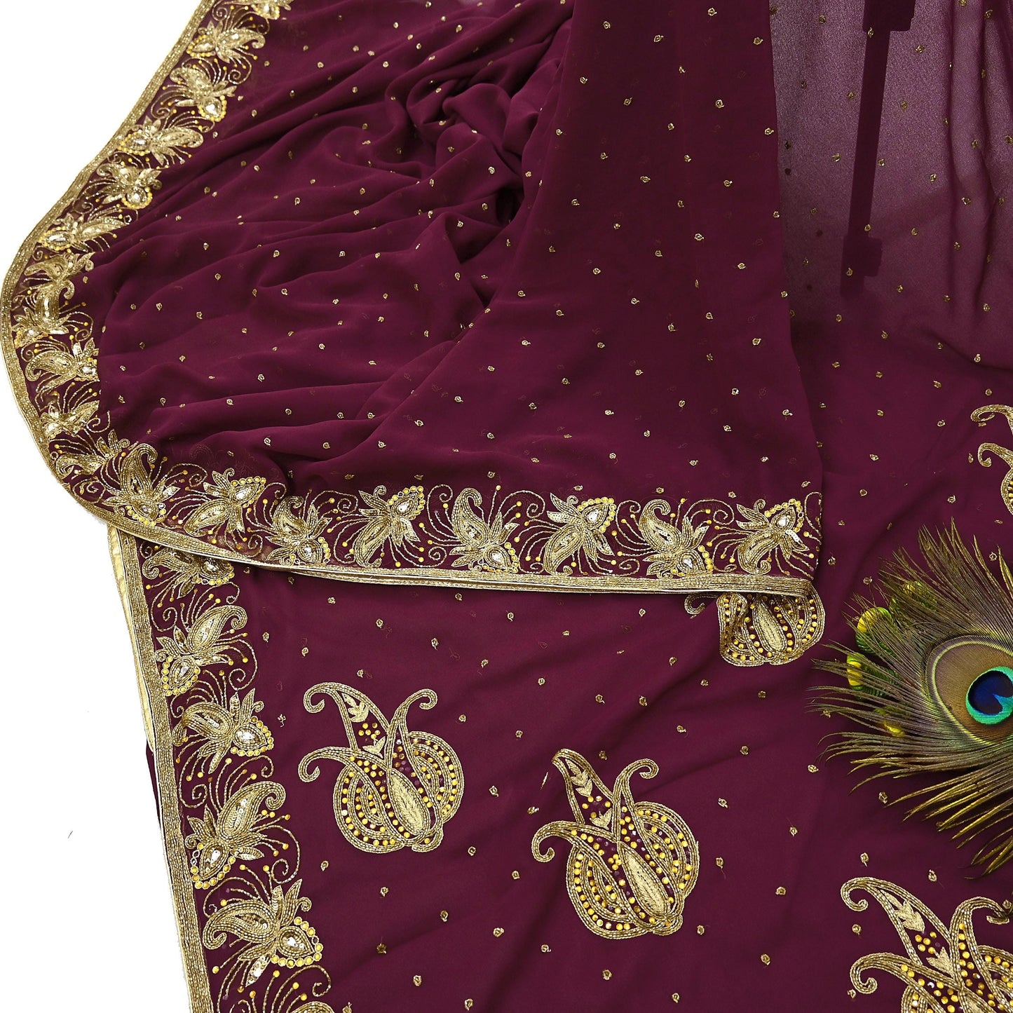 Indian Vintage Maroon Saree Georgette Hand Beaded Sari Fabric 5Yard Sewing Soft Ethnic Glass Beaded