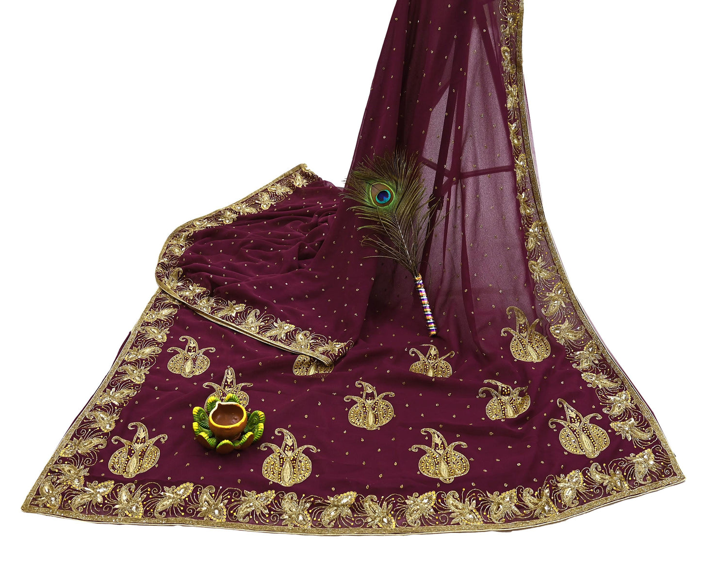 Indian Vintage Maroon Saree Georgette Hand Beaded Sari Fabric 5Yard Sewing Soft Ethnic Glass Beaded