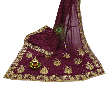 Indian Vintage Maroon Saree Georgette Hand Beaded Sari Fabric 5Yard Sewing Soft Ethnic Glass Beaded