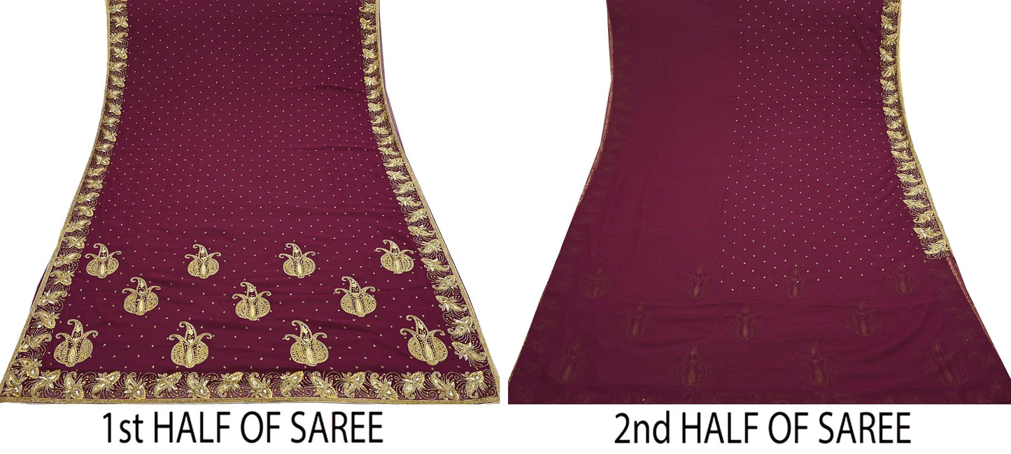 Indian Vintage Maroon Saree Georgette Hand Beaded Sari Fabric 5Yard Sewing Soft Ethnic Glass Beaded