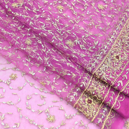 Indian Vintage Heavy Saree Purple Net/Mesh Hand Embroidered Sari Fabric 5Yd Sewing Soft Zardozi/Dabka Zari Sequins Wedding net sarees