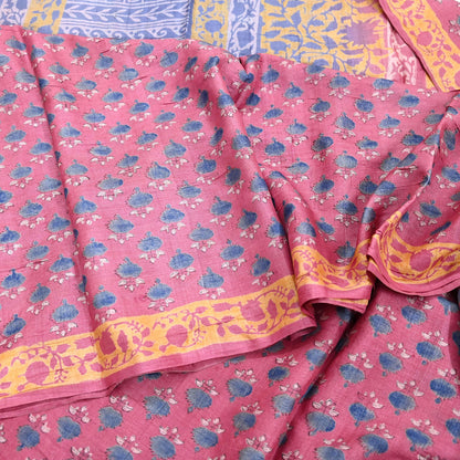 Indian Vintage Peach & Gray Saree Pure Khadi Silk Handloom Printed Sari Fabric 5yard Ethnic Wear Sari Floral