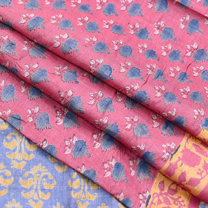 Indian Vintage Peach & Gray Saree Pure Khadi Silk Handloom Printed Sari Fabric 5yard Ethnic Wear Sari Floral