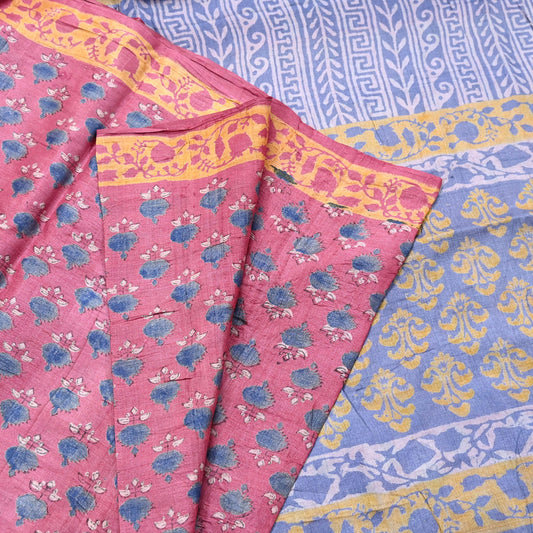 Indian Vintage Peach & Gray Saree Pure Khadi Silk Handloom Printed Sari Fabric 5yard Ethnic Wear Sari Floral