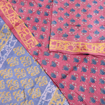 Indian Vintage Peach & Gray Saree Pure Khadi Silk Handloom Printed Sari Fabric 5yard Ethnic Wear Sari Floral