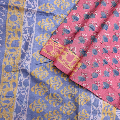 Indian Vintage Peach & Gray Saree Pure Khadi Silk Handloom Printed Sari Fabric 5yard Ethnic Wear Sari Floral