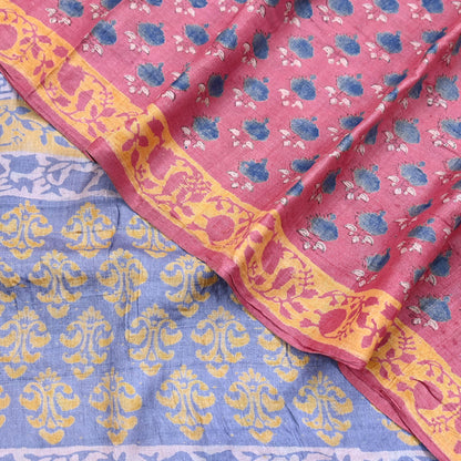 Indian Vintage Peach & Gray Saree Pure Khadi Silk Handloom Printed Sari Fabric 5yard Ethnic Wear Sari Floral