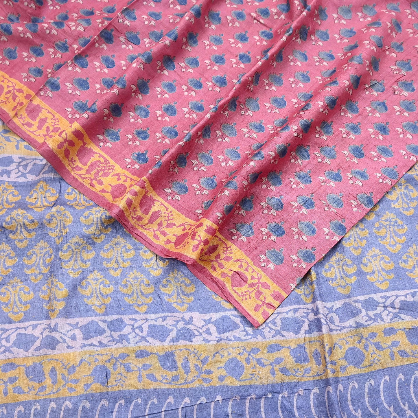 Indian Vintage Peach & Gray Saree Pure Khadi Silk Handloom Printed Sari Fabric 5yard Ethnic Wear Sari Floral