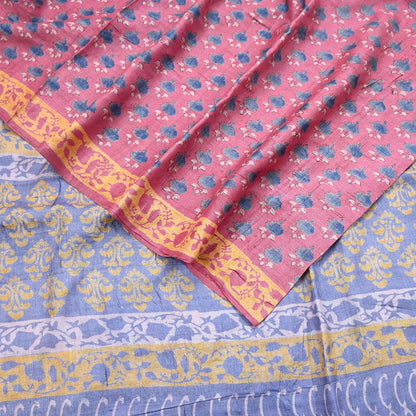 Indian Vintage Peach & Gray Saree Pure Khadi Silk Handloom Printed Sari Fabric 5yard Ethnic Wear Sari Floral