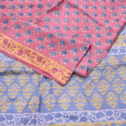 Indian Vintage Peach & Gray Saree Pure Khadi Silk Handloom Printed Sari Fabric 5yard Ethnic Wear Sari Floral