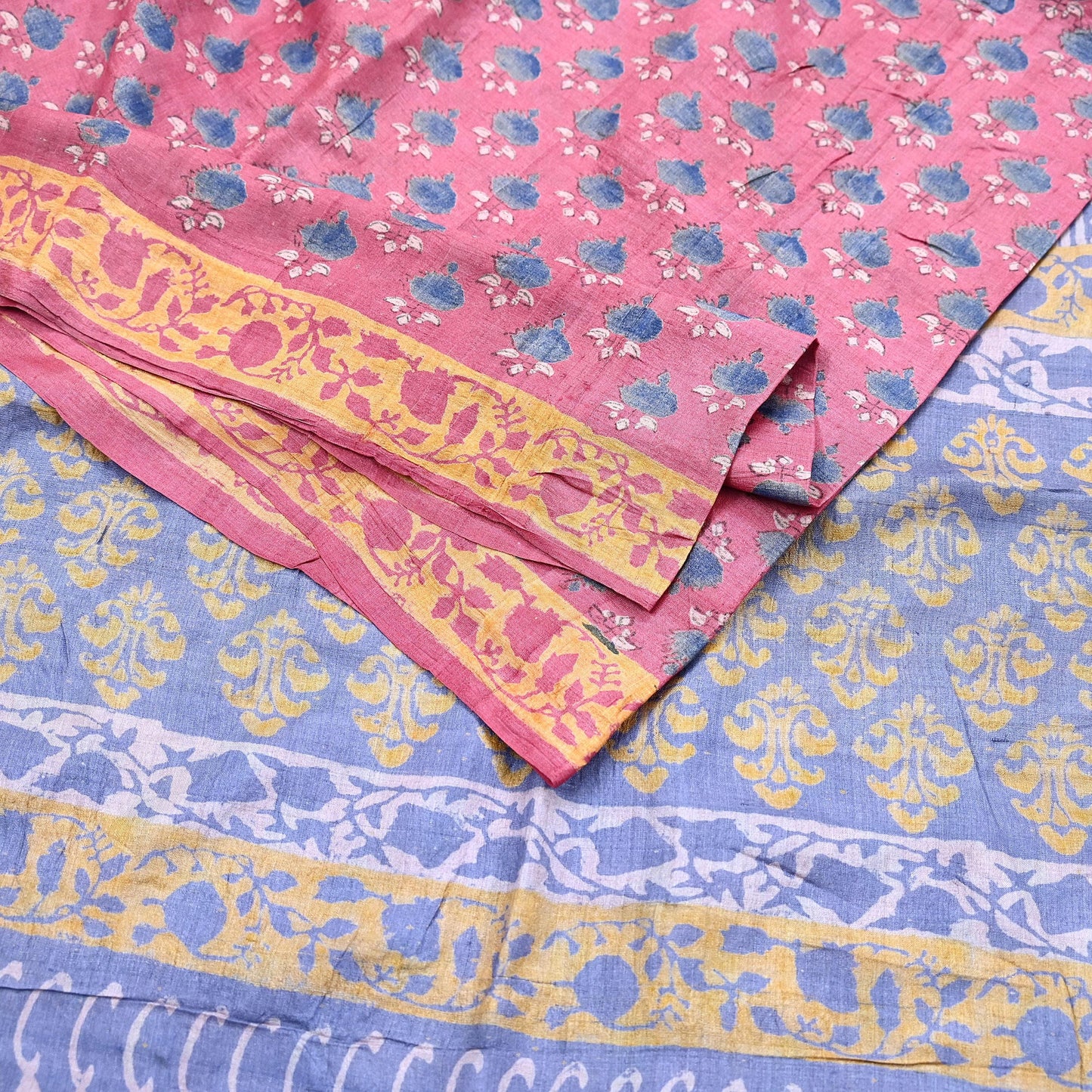 Indian Vintage Peach & Gray Saree Pure Khadi Silk Handloom Printed Sari Fabric 5yard Ethnic Wear Sari Floral