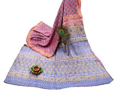 Indian Vintage Peach & Gray Saree Pure Khadi Silk Handloom Printed Sari Fabric 5yard Ethnic Wear Sari Floral