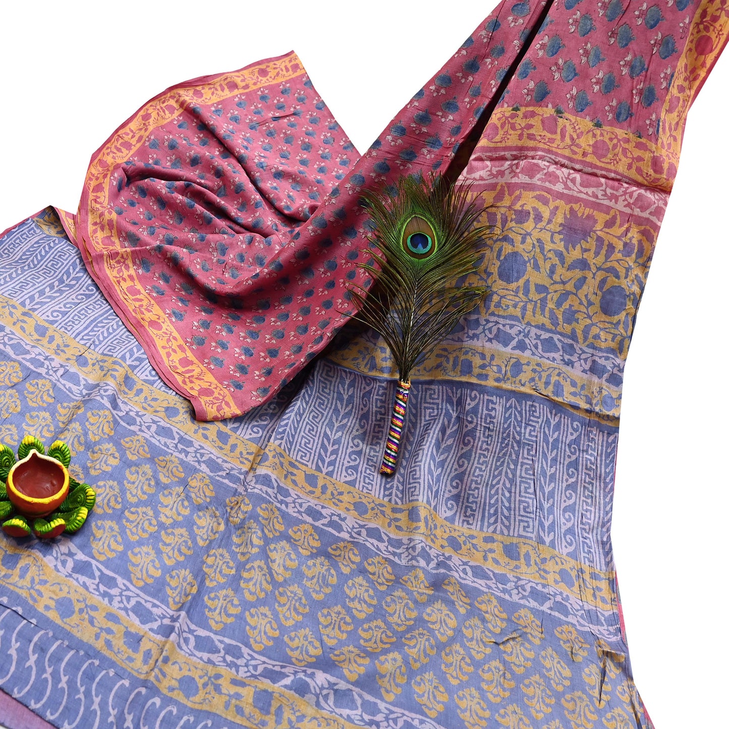 Indian Vintage Peach & Gray Saree Pure Khadi Silk Handloom Printed Sari Fabric 5yard Ethnic Wear Sari Floral