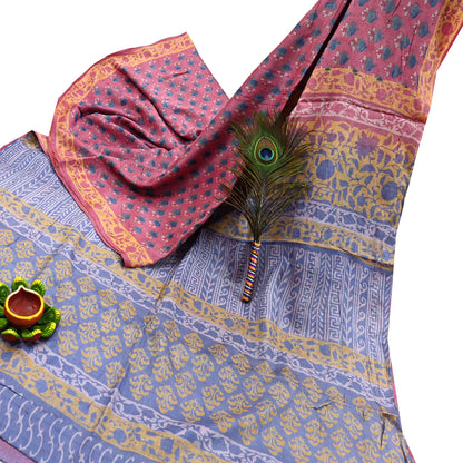 Indian Vintage Peach & Gray Saree Pure Khadi Silk Handloom Printed Sari Fabric 5yard Ethnic Wear Sari Floral