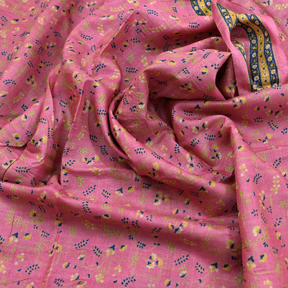 Indian Vintage Pink Saree Pure Khadi Silk Handloom Printed Sari Fabric 5yard Ethnic Wear Sari Floral
