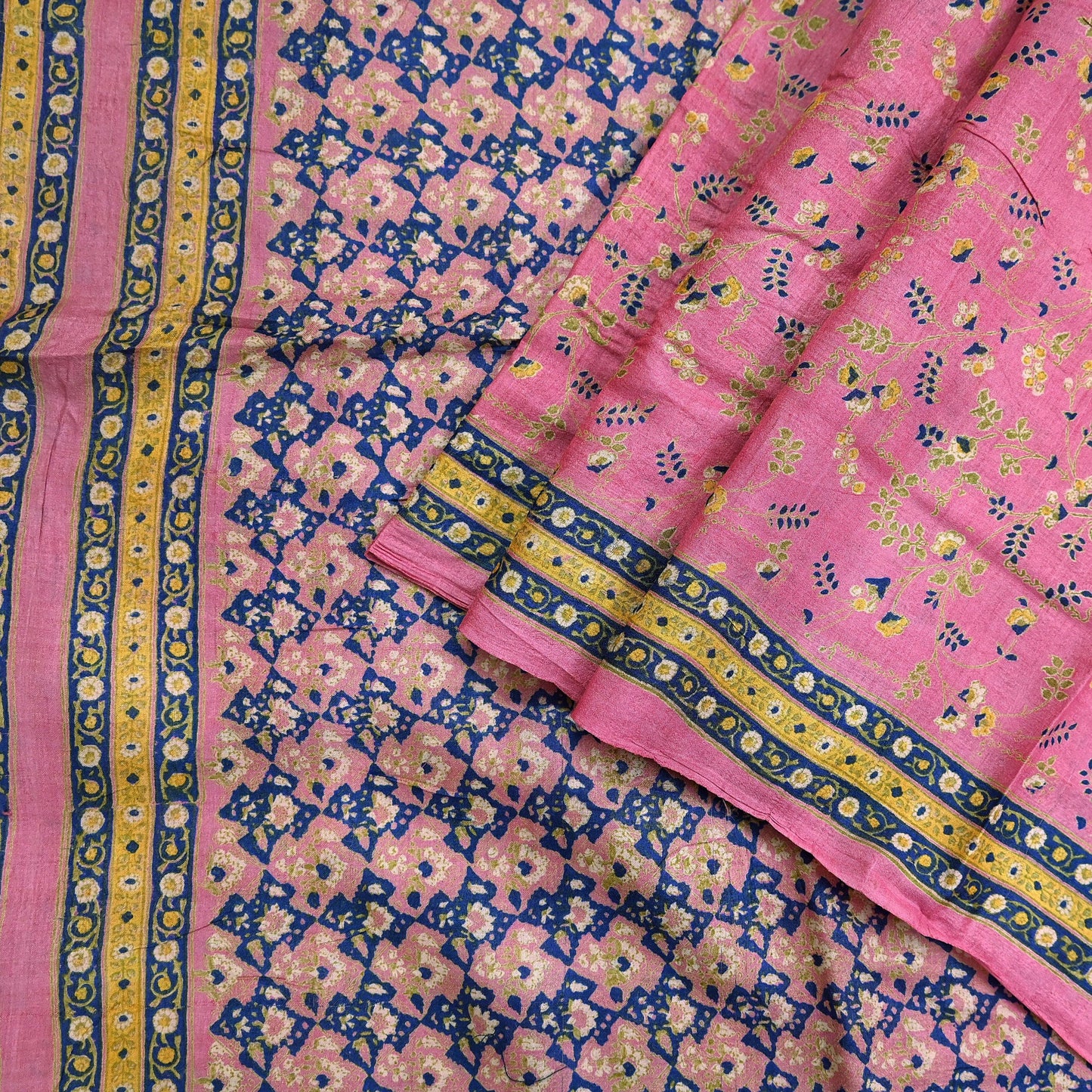 Indian Vintage Pink Saree Pure Khadi Silk Handloom Printed Sari Fabric 5yard Ethnic Wear Sari Floral