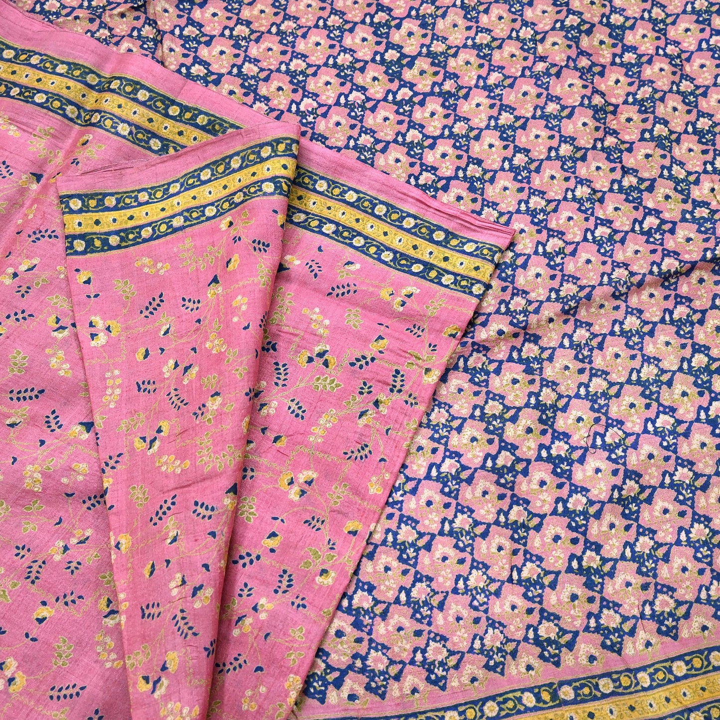 Indian Vintage Pink Saree Pure Khadi Silk Handloom Printed Sari Fabric 5yard Ethnic Wear Sari Floral