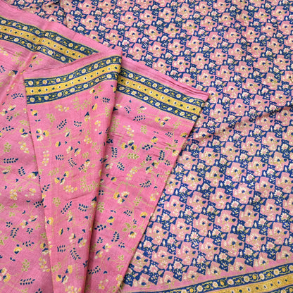 Indian Vintage Pink Saree Pure Khadi Silk Handloom Printed Sari Fabric 5yard Ethnic Wear Sari Floral