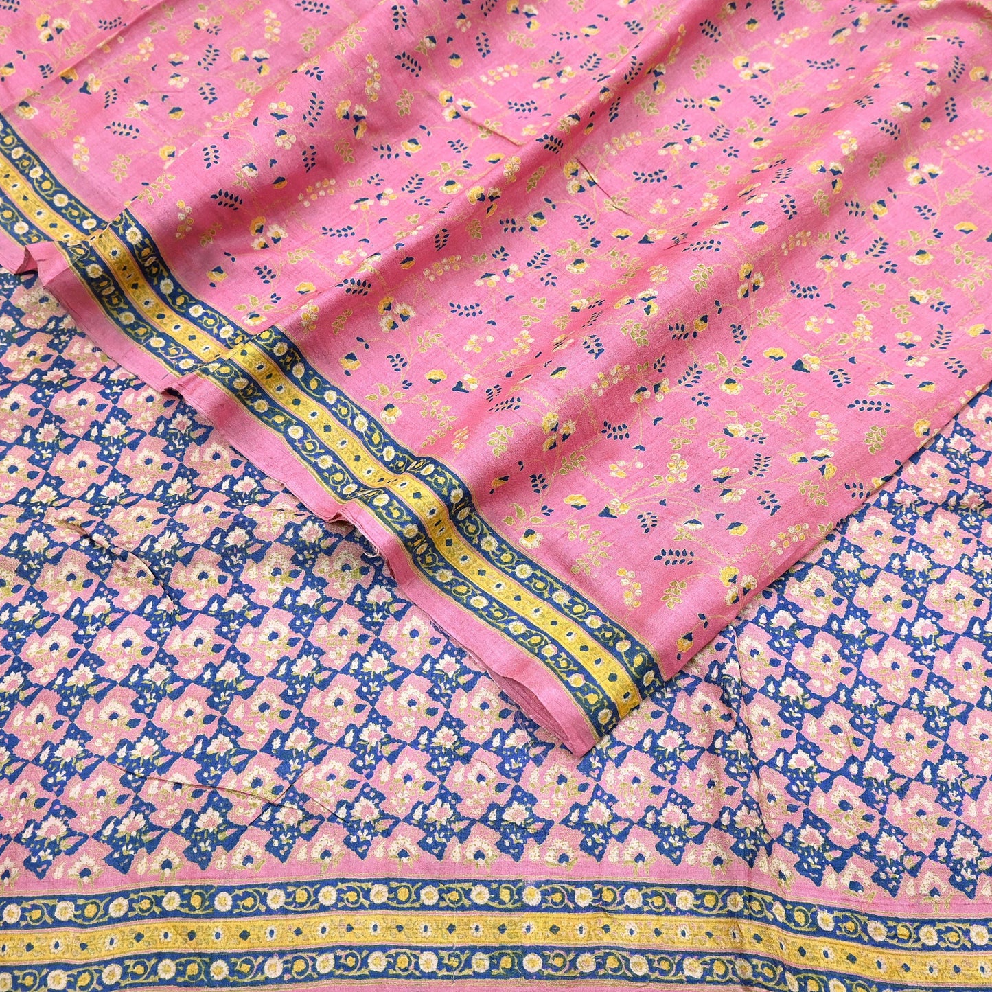 Indian Vintage Pink Saree Pure Khadi Silk Handloom Printed Sari Fabric 5yard Ethnic Wear Sari Floral