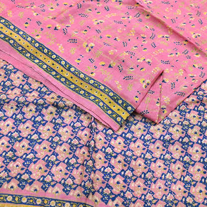 Indian Vintage Pink Saree Pure Khadi Silk Handloom Printed Sari Fabric 5yard Ethnic Wear Sari Floral