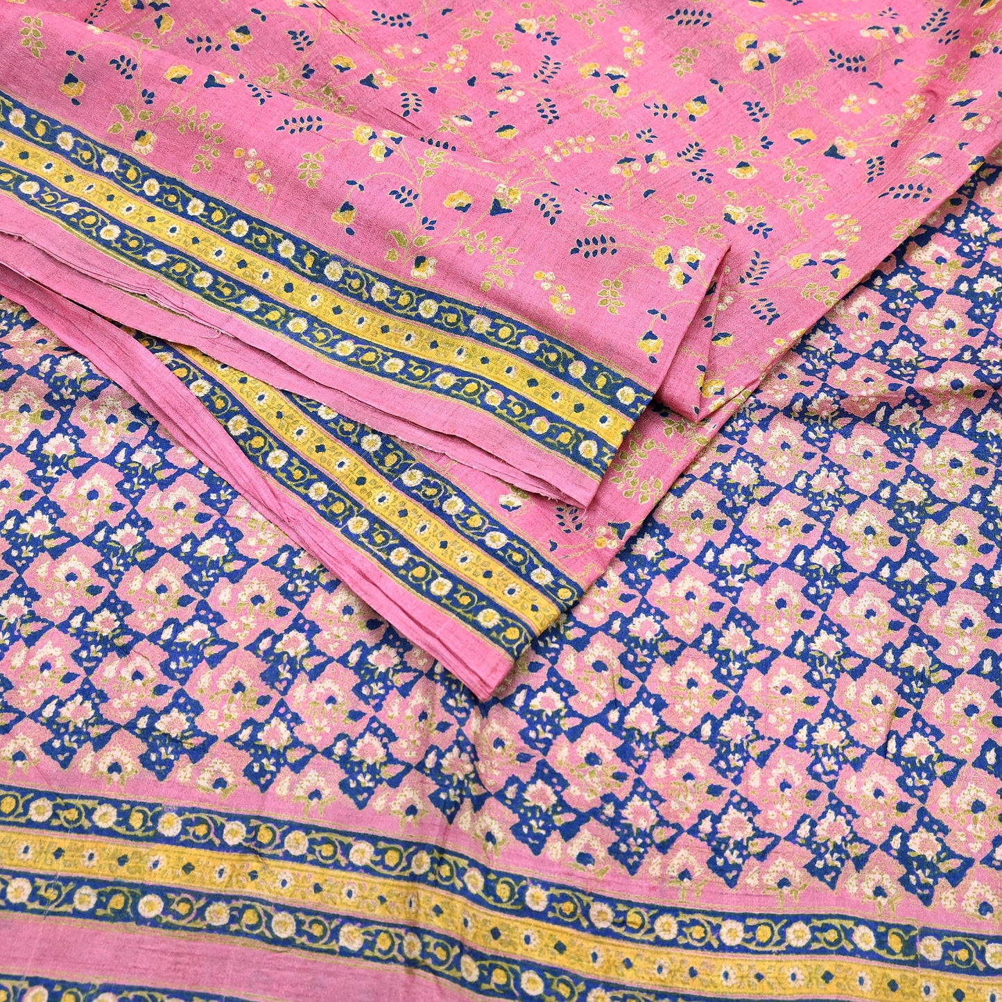Indian Vintage Pink Saree Pure Khadi Silk Handloom Printed Sari Fabric 5yard Ethnic Wear Sari Floral