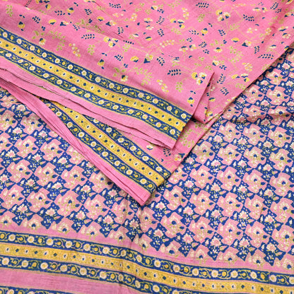 Indian Vintage Pink Saree Pure Khadi Silk Handloom Printed Sari Fabric 5yard Ethnic Wear Sari Floral