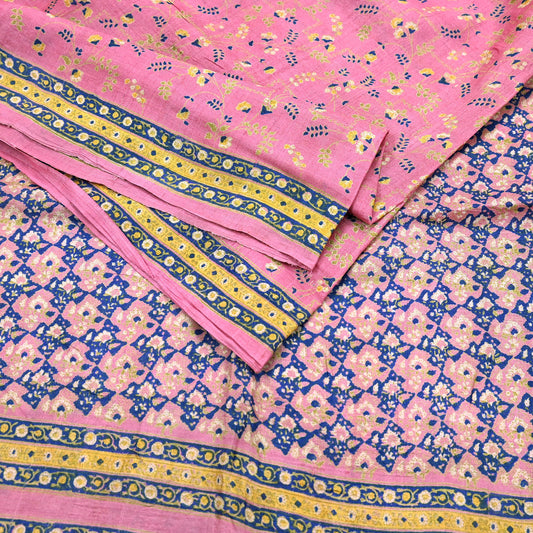 Indian Vintage Pink Saree Pure Khadi Silk Handloom Printed Sari Fabric 5yard Ethnic Wear Sari Floral