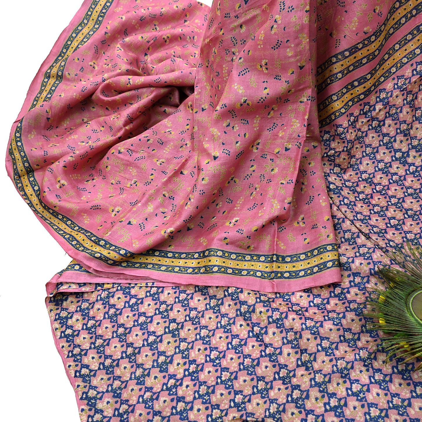 Indian Vintage Pink Saree Pure Khadi Silk Handloom Printed Sari Fabric 5yard Ethnic Wear Sari Floral