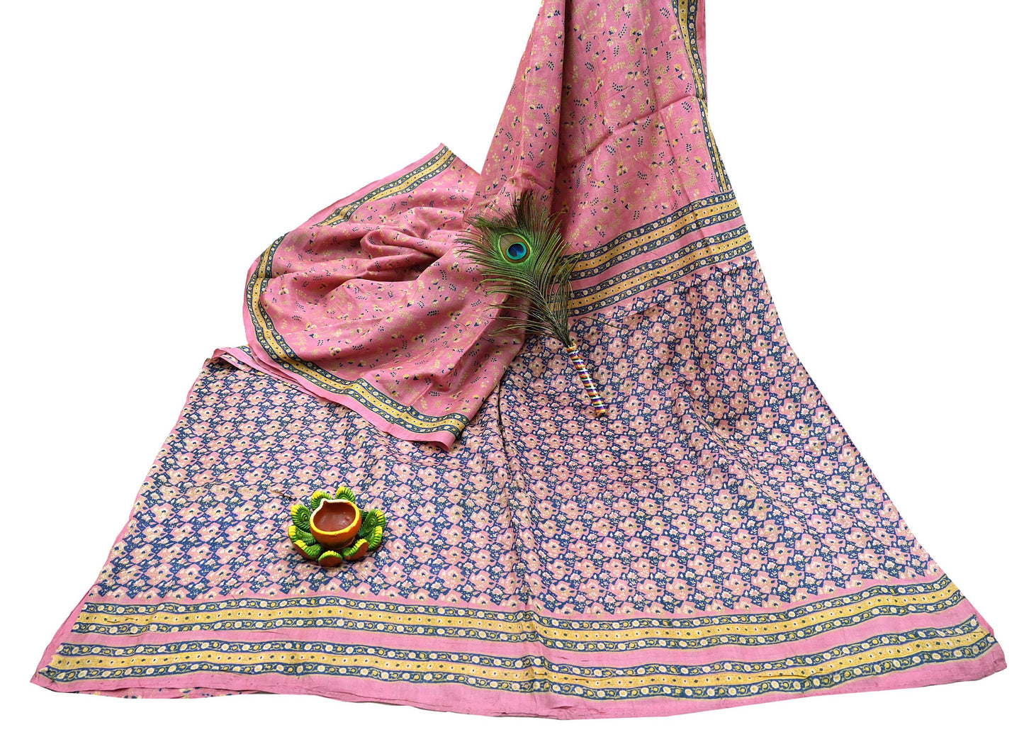 Indian Vintage Pink Saree Pure Khadi Silk Handloom Printed Sari Fabric 5yard Ethnic Wear Sari Floral