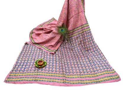 Indian Vintage Pink Saree Pure Khadi Silk Handloom Printed Sari Fabric 5yard Ethnic Wear Sari Floral