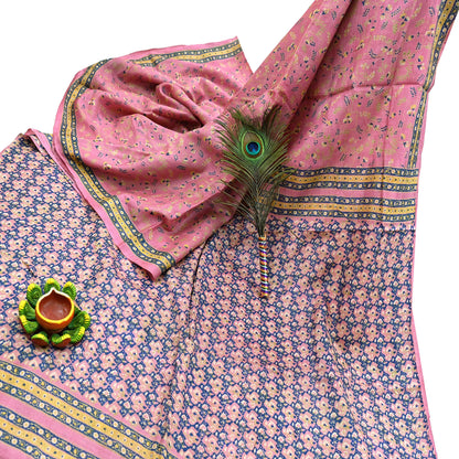 Indian Vintage Pink Saree Pure Khadi Silk Handloom Printed Sari Fabric 5yard Ethnic Wear Sari Floral
