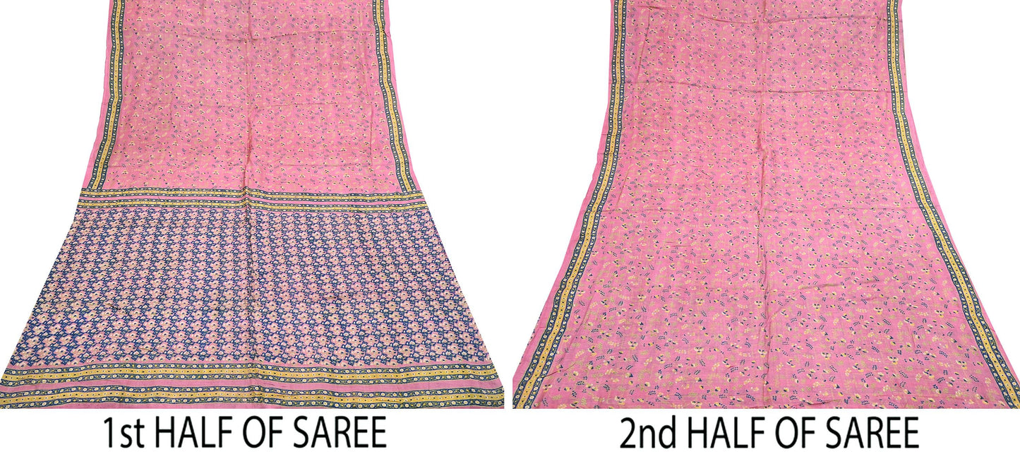 Indian Vintage Pink Saree Pure Khadi Silk Handloom Printed Sari Fabric 5yard Ethnic Wear Sari Floral