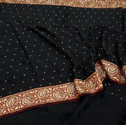 Indian Vintage Black Saree Pure Crepe Silk Hand Embroidered Sari Craft Fabric 5Yd Sewing Soft Border Dress making Quilting Crafting