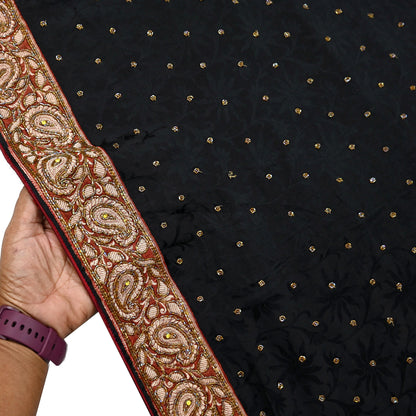 Indian Vintage Black Saree Pure Crepe Silk Hand Embroidered Sari Craft Fabric 5Yd Sewing Soft Border Dress making Quilting Crafting