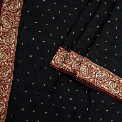 Indian Vintage Black Saree Pure Crepe Silk Hand Embroidered Sari Craft Fabric 5Yd Sewing Soft Border Dress making Quilting Crafting