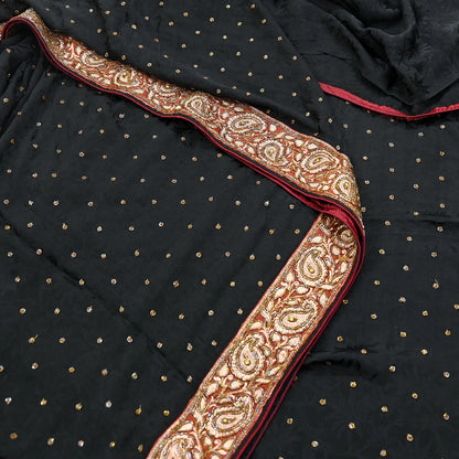 Indian Vintage Black Saree Pure Crepe Silk Hand Embroidered Sari Craft Fabric 5Yd Sewing Soft Border Dress making Quilting Crafting