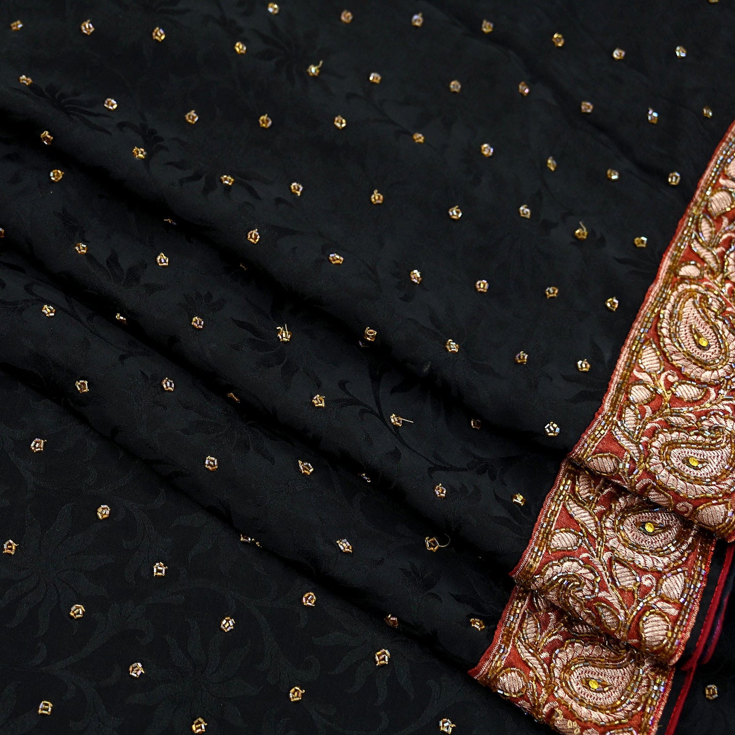 Indian Vintage Black Saree Pure Crepe Silk Hand Embroidered Sari Craft Fabric 5Yd Sewing Soft Border Dress making Quilting Crafting