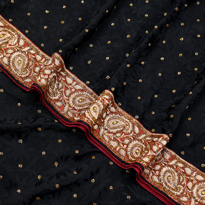 Indian Vintage Black Saree Pure Crepe Silk Hand Embroidered Sari Craft Fabric 5Yd Sewing Soft Border Dress making Quilting Crafting