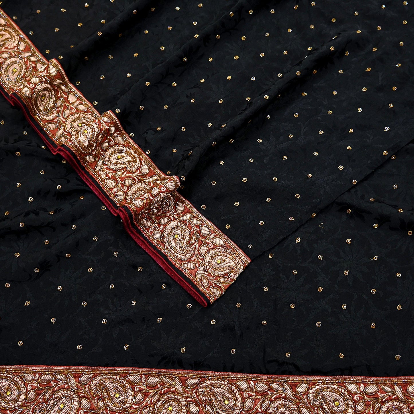 Indian Vintage Black Saree Pure Crepe Silk Hand Embroidered Sari Craft Fabric 5Yd Sewing Soft Border Dress making Quilting Crafting