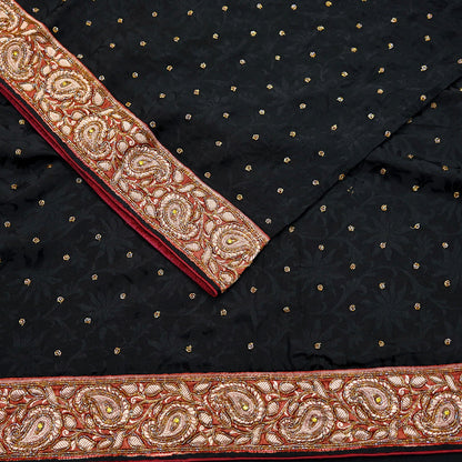 Indian Vintage Black Saree Pure Crepe Silk Hand Embroidered Sari Craft Fabric 5Yd Sewing Soft Border Dress making Quilting Crafting