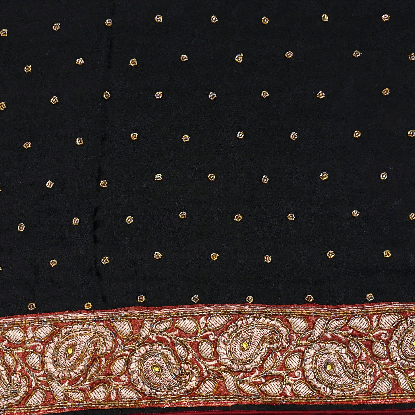 Indian Vintage Black Saree Pure Crepe Silk Hand Embroidered Sari Craft Fabric 5Yd Sewing Soft Border Dress making Quilting Crafting